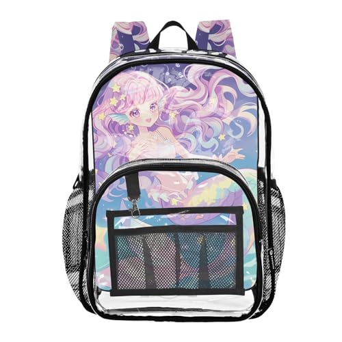 Anime-style Cute Mermaid Stars Fantasy Kids Clear Backpacks Clear Book Bag For Boys Transparent PVC Backpacks