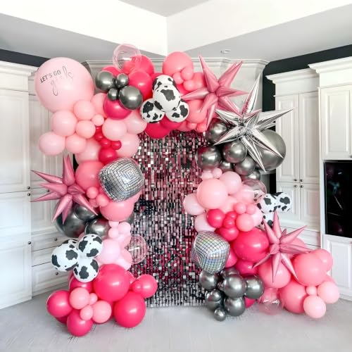 Image of Hot Pink Silver Cow Balloons Disco Cowgirl Birthday Last Rodeo Party Decor | Bachelorette Bride to be Baby Bridal Shower Western Cowboy 12INCH Pink Silver Helium Latex Balloons for Arch