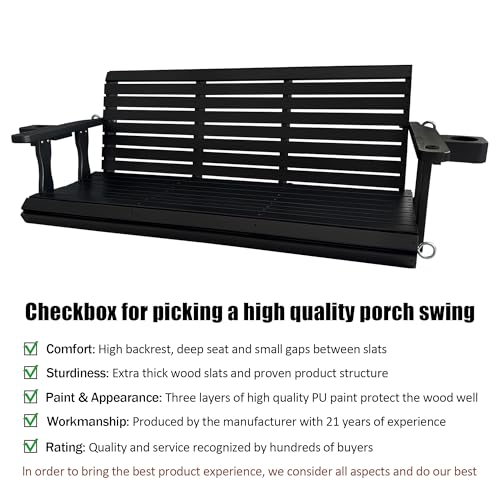 Image of Fortune Candy Wooden Porch Swing 3-Seater, with Cupholders, Chains and Springs, Heavy Duty 880 LBS (Iron Black, 5 FT Extra Large)