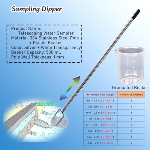 Dipper per campionamento dell'acqua retrattile, kit portatile da 500 ml per fiumi e laghi, asta flessibile per campionatore d'acqua per una facile raccolta e test