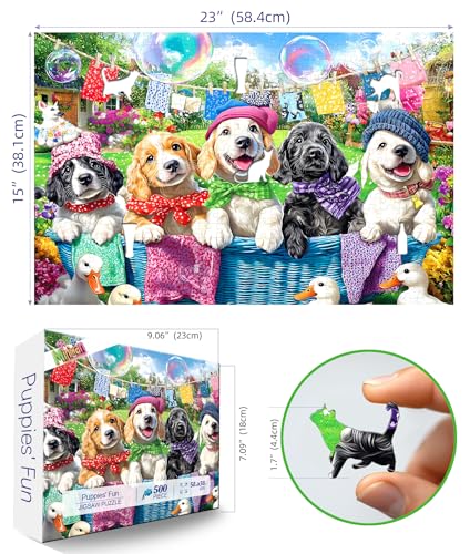 Image of Laundry Day Dogs 500 Piece Jigsaw Puzzle for Adults Colorful Garden Scene with Puppies Animal Puzzle with Letters on Back Fun & Relaxing Gift for Seniors, Family, Adults (23 inchx15 inch)