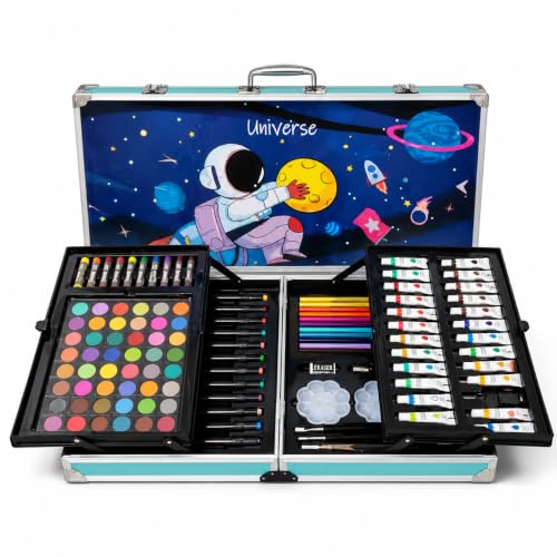 Image of Parssufy 145-Piece Art Set for Kids with Unicorn Storage Case | Drawing & Painting Kit with Oil Pastels, Watercolors, Sketch Pens, Color Pencils | Art & Craft Supplies (145-Astronaut in Space (Blue))