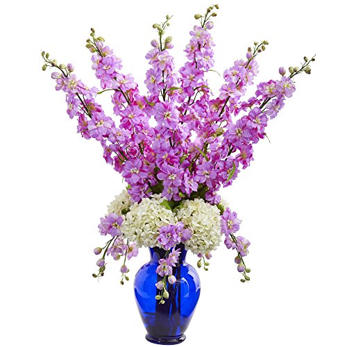 Nearly Natural Jarrón artificial de seda azul Delphinium y Hydrangea, lavanda