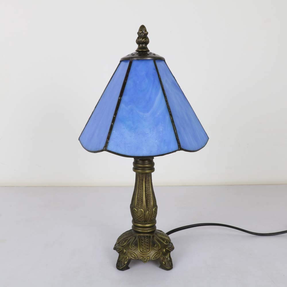 Tiffany-Stil Tischlampe Klein Blau, E14 6 Zoll Mini Glasmalerei Vintage Tischlampe Schlafzimmer, Schön Nachtlicht Kinderzimmer(Ohne Glühbirnen)