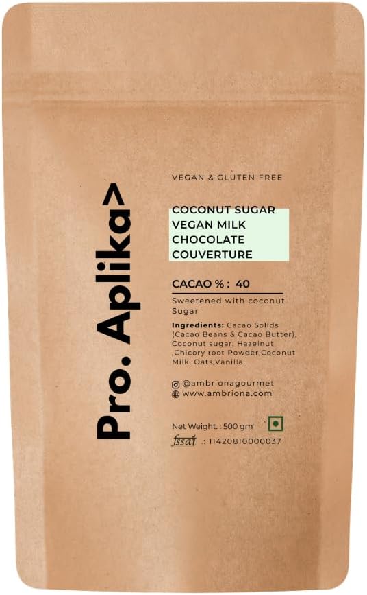 Pro-Aplika Vegan Milk Chocolate Couverture 40% Cacao | Sweetened with Coconut Sugar | Dairy Free | Plant Based Baking Chocolate | Gluten Free | Professional Confectionery Chocolate | 500g