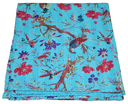 YUVANCRAFTS Indian Handmade Kantha Quilt Pure Cotton Birds and Floral Screen Print Queen Quilt Blue Blanket Bedspreads Throw