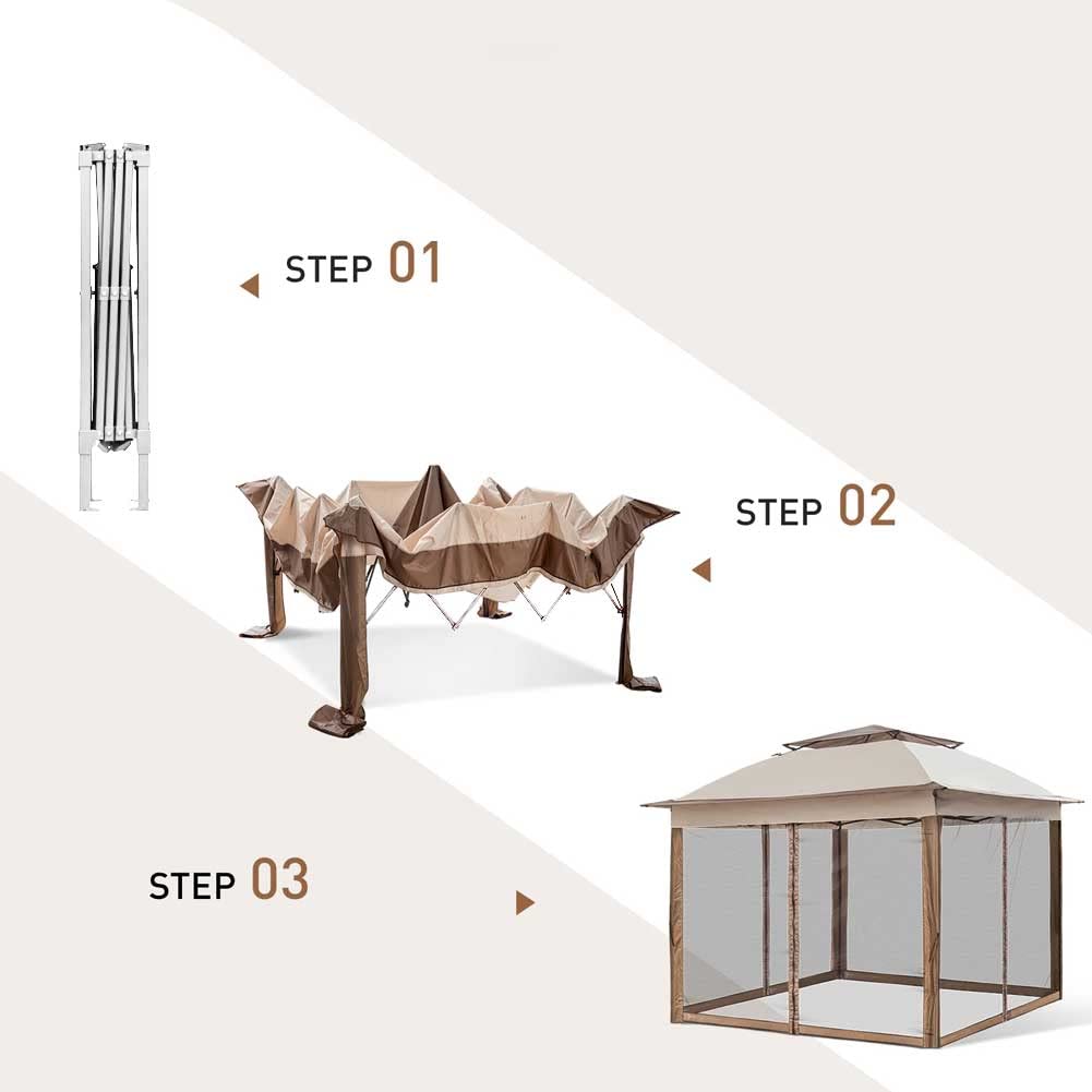 BAKAJI Gazebo 3 x 3 metri Pieghevole con Zanzariere Tessuto Poliestere Impermeabile Struttura in Metallo Richiudibile a Fisarmonica Tendone Portatile Fiera Mercato Giardino Esterno + Custodia Beige