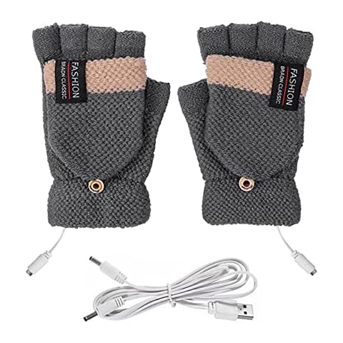 USB Heated Gloves for Men Women Winter Warm Gloves Knitting Full and Half Fingers Gloves USB Heating Mittens (Dark Grey) Cover