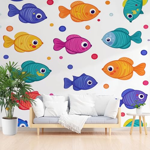 Gaqinhh Cercle de Poissons Animaux Dessin Animé Papier Peint Panoramique, Blanc Papier Peint Intissé, Salon, Adulte Chambre D'Enfants, Restaurant Décoration Murale 200 x 140 cm (L x H)