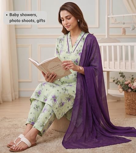 Image of DUMMY SHAPE Maternity Dresses for Women Cotton | Floral Kurta Pant Dupatta Set with Nursing Zippers, Side Pocket | Pre & Post Pregnancy | Feeding Kurti Suit | Baby Shower | Gifts for Pregnant Woman