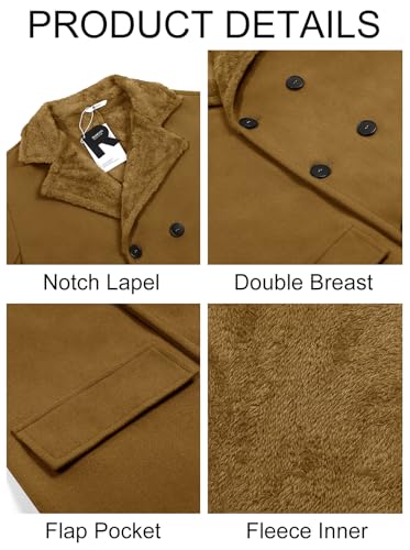 Image of Runcati Mens Trench Coat Double Breasted Notched Collar Fleece Jacket Slim Fit Fall Winter Fuzzy Pea Coats Warm Overcoat