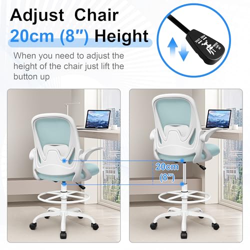 Image of Drafting Chair Tall Office Chair with Flip-up Armrests, Adjustable Height, and Enhanced Lumbar Support - Ergonomic Rolling Stool, Back Support, and Adjustable Foot Rest Ring Light Blue
