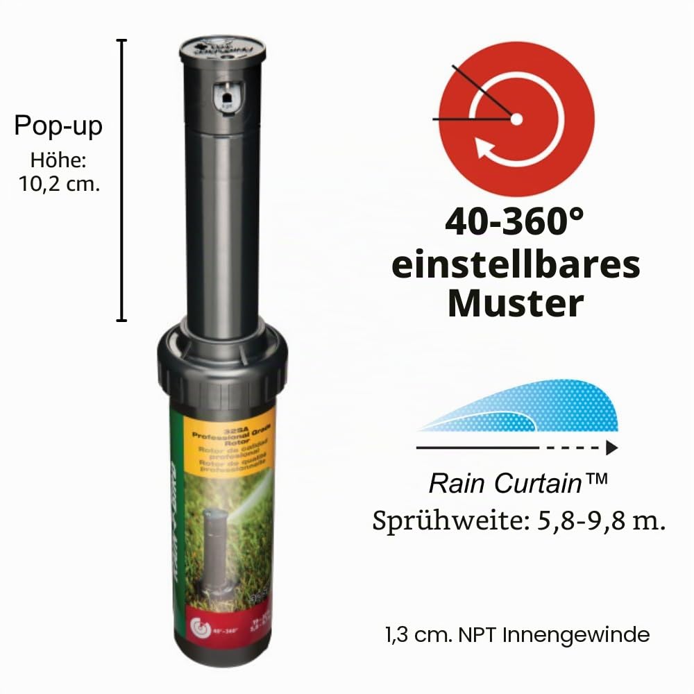 Rain Bird 32SA/4PKS Simple Adjust 32SA Getriebe-Rotor, einstellbar 40°-360° Muster, 48,1-81,2 cm Sprühabstand, 4 Stück, Schwarz