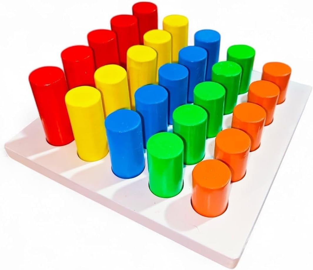 Round Multi Shape Peg Board Toys Educational & Learning Toy Autism Therapy Toys for Kids Colour Cognition Stacking&Sorting Wooden Peg Board Block Toys (Multicolor), 25 Pcs