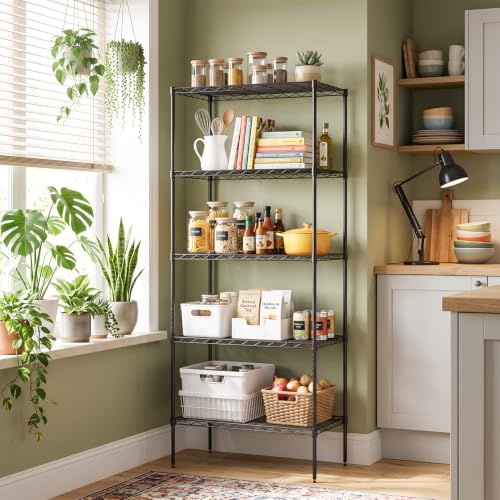 Image of BestOffice | 5-Tier Wire Shelf | 14 inch x 24 inch x 60 inch | Black | Storage Shelves Metal Shelving Kitchen Storage , Holds upto 750 lbs | Rust-Resistant, No-Tool Assembly | for Home, Garage