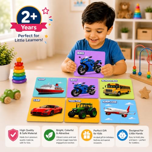 Image of Wooden 6-in-1 Educational Toy Set for Kids - Fruit & Animal Learning Toys, Montessori Wooden Puzzle & Matching Game, Educational Activity Toy for Toddlers and Preschoolers (Car)