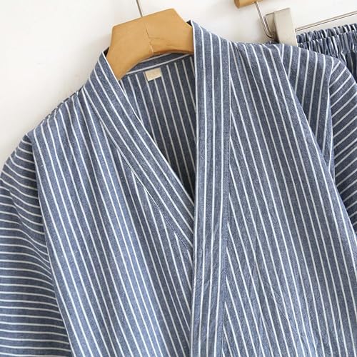 Classical Traditional Japanese Style Pajamas, Stylish Cotton Bathrobe Kimono Pajamas Casual Clothes for Men and Women, Blue Stripe4