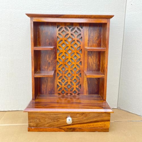 Image of Wudniture Sheesham Wood Ivara Handcrafted Home Mandir /Temple (Honey Finish, 64 cm) | Wooden Pooja Mandir for Home & Office
