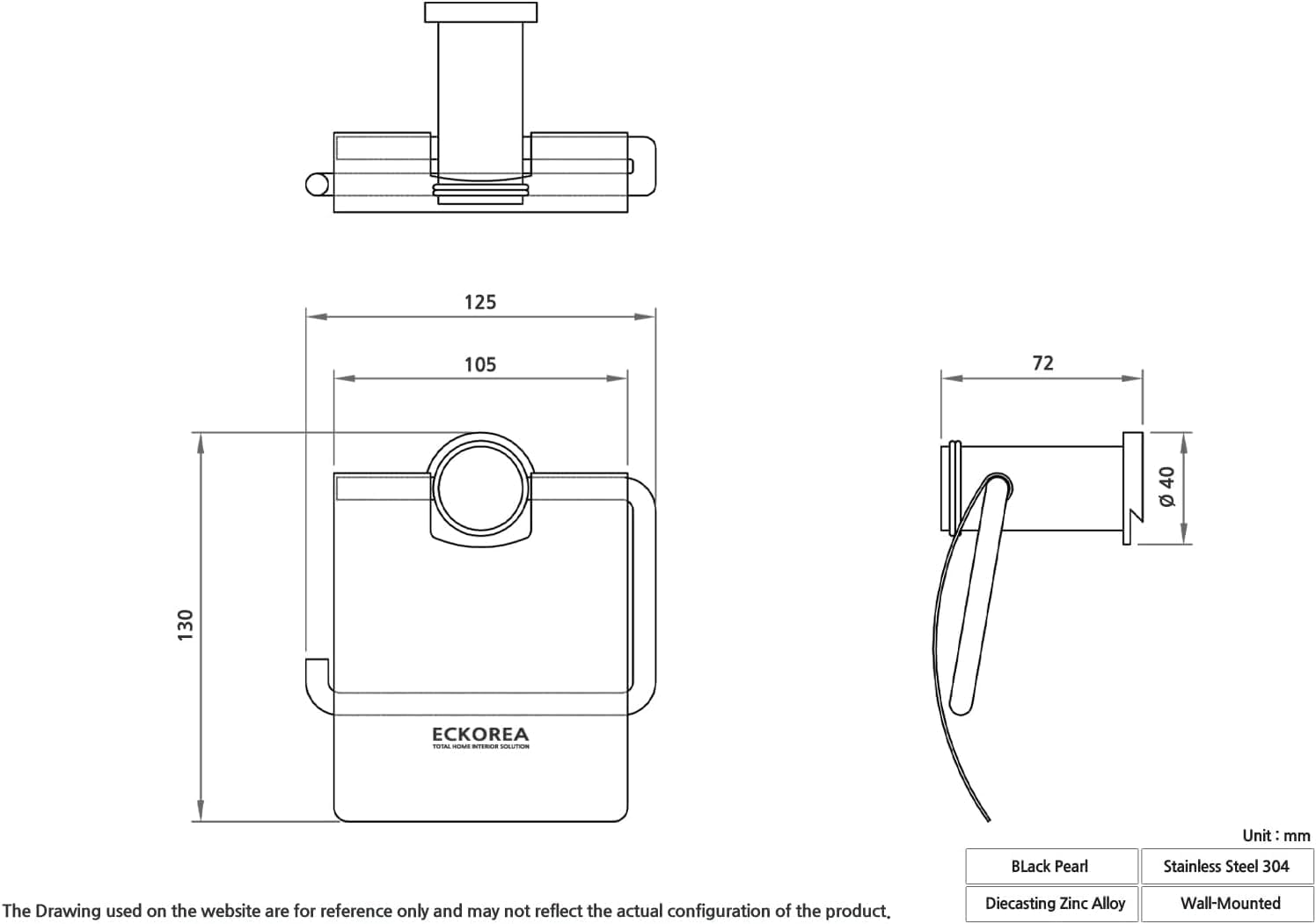 ECKOREA® Polished Black Pearl Toilet Paper Holder ECK-300H-BP, Durable SUS304 Stainless Steel & Zinc Alloy, Wall-Mounted, Screw-in