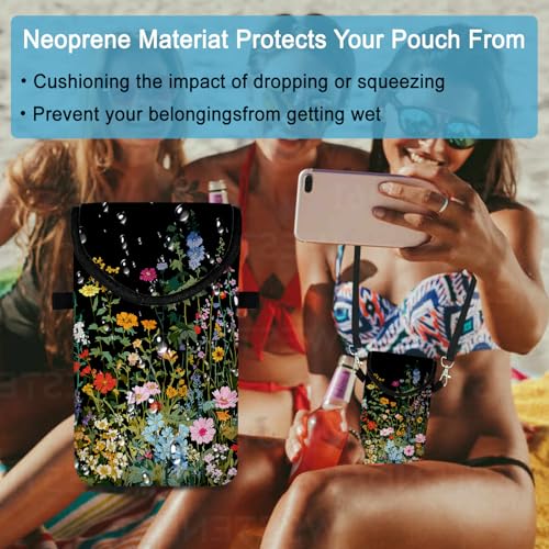 Image of Neoprene Cell Phone Sleeve Pouch Case Bag with Crossbody Strap Neck Lanyard for Women 7.5 X 4.3 in Flowers Plants