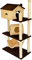 Arranhador Casinha para Gatos 3 Andares Túnel e Rede Brinquedo Torre Poste Sisal Cama(Bege-Com)