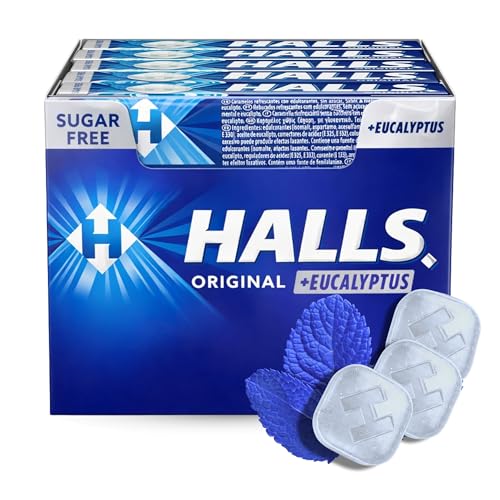 Caramelos Halls extra Fuerte, Caramelo sabor a Eucalipto, Caramelo sin azucar, el Halls de toda la vida, sabor intenso y delicioso, Sin gluten, Contiene 1 caja con 20 paquetes de caramelos de 32 g
