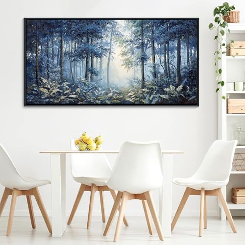 Image of Forest Canvas Wall Art for Living Room - Navy Blue Bedroom Wall Art, Landscape Pictures Wall Decor, Forest Painting, Framed Nature Tree Artwork Walls 29x58IN