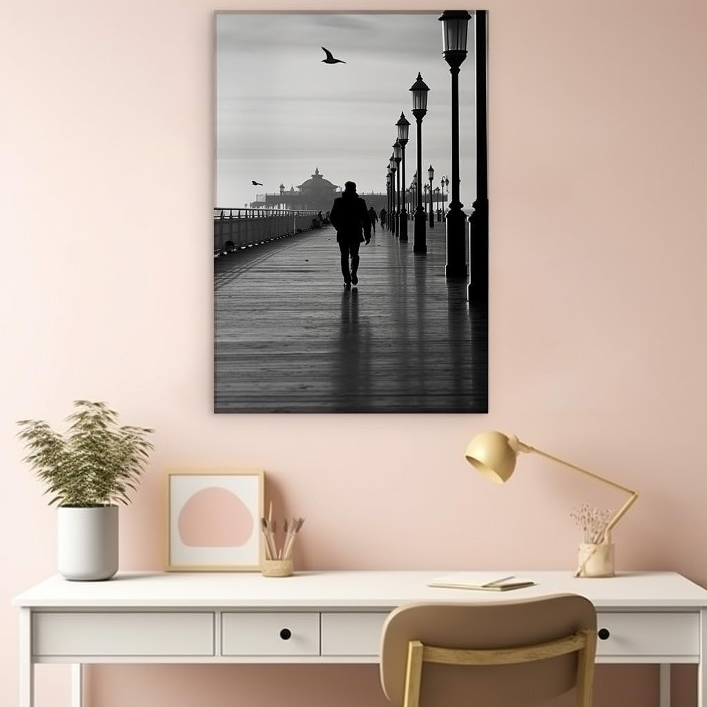 Canvas for Living room. Solitary Stroll on a Silhouetted Pier: A Moment of Quietude Against an Overcast Sky, 27 x 18 inch Canvas Wall Art - Contemporary Masterpieces - Modern Home Decor