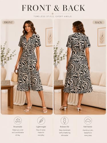 Image of BROVAVE Women's 2026 Summer Short Sleeve Work Dresses Tie Waist Button Down Animals Print Midi A-Line Shirt Dress