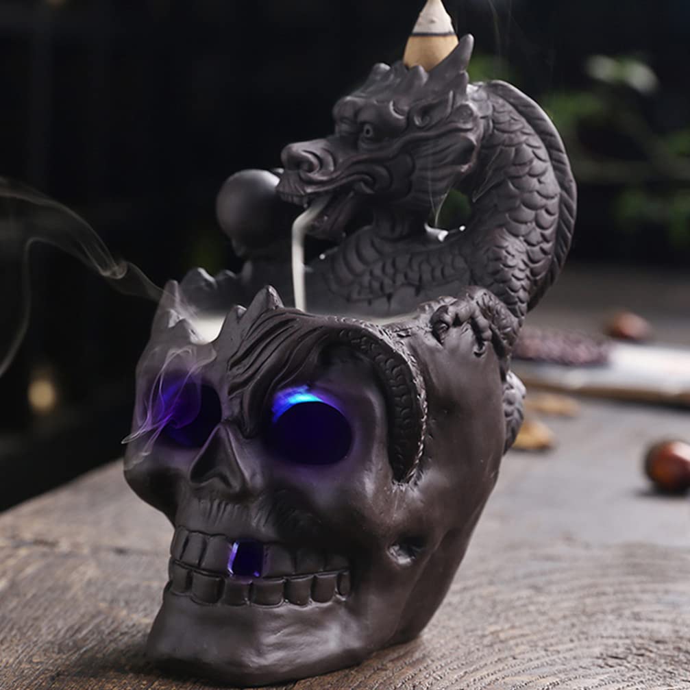 Stainporzellan Totenkopf mit LED Rückfluss Räuchergefäß | Rauchbrunnen Wasserfall, Meditation und Dekoration, Japanische Räucherstäbchen Halter, Sanftes Licht
