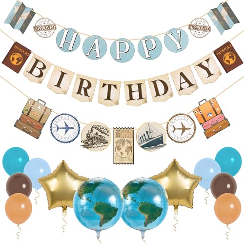 Pirese Decoraciones de fiesta de cumpleaños de viaje, kit de pancarta de cumpleaños con globos del mundo, láminas de estrellas y globos de látex, deja que comience la aventura, suministros de fiesta
