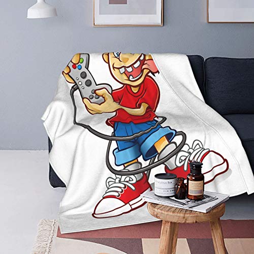 Felpa Manta de Tiro Suave,Personaje de dibujos animados de jugador con sombrero al revés y ojos locos jugando videojuegos Doodle divertido,Manta de Cama Edredón de Viaje para Sofá Cama,50