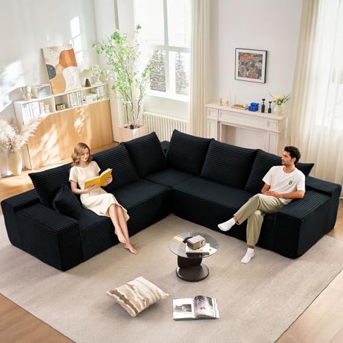Image of Oversized Modular Sectional Sofa Couch, Large 5 Seater Corner Sofa Modern V Shaped Sectional Couch Cloud Couches for Living Room, Office, Spacious Space, Corduroy, No Assembly Required, Black