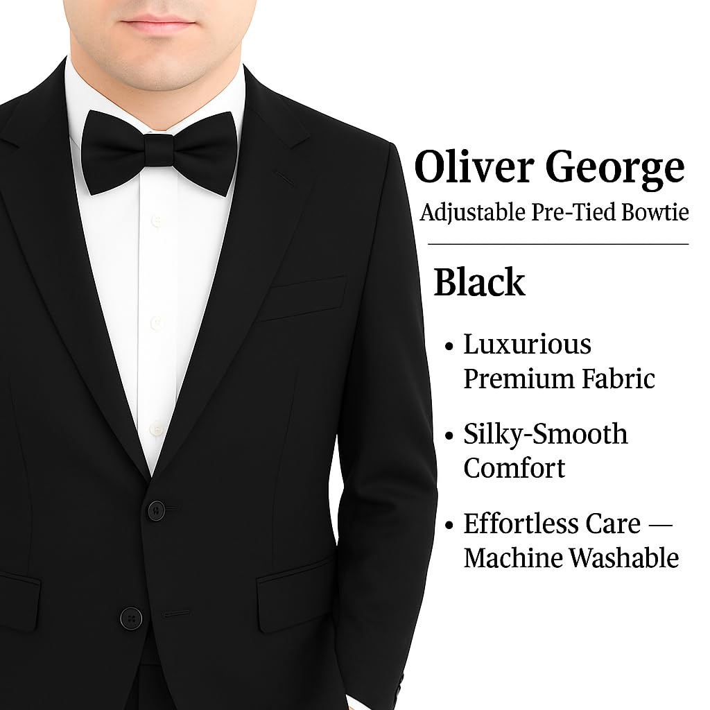 Oliver George Bow Ties for Men Solid Color Pre-Tied Adjustable Bow Tie Classic Formal Bowties for Wedding Suit Tuxedo (Black)