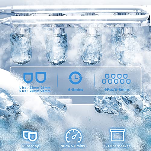QOUTOO Eiswürfelmaschine Klein, Hocheffiziente Eiswürfelbereiter mit Auto Reinigung, 9Stück/6–8Mins, 12kg/24H, L&S Ices… – Bild 3