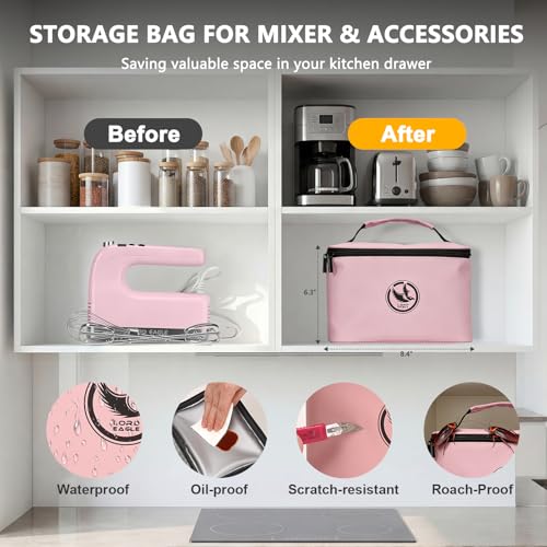 Image of Lord Eagle 9-Speed Digital Hand Mixer Electric Handheld, 500W DC Motor Kitchen Mixer for Cake Baking, Lightweight Egg Beaters with Stain-resistant & Waterproof Storage Bag & 6 Accessories, Pink