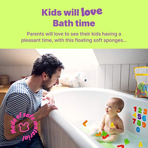 Karids Toddlers ABC Bath Toys - Premium Eva Foam Floating Alphabet and Numbers with 5 Animal Characters - 6 Vibrant Colors of Caps and Lowercase Letters 1Mesh Bag Toy Holder Organizer | 77 Pack