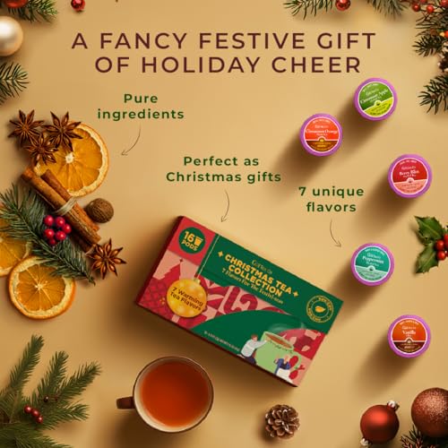 Image of Christmas Tea Pod Gift Set (16 Count) - 7 Flavors Assorted Variety Pack | Vanilla Chai, Cinnamon Orange, Black Tea, Berry Bliss, Peppermint, Chai Latte, Cinnamon Apple, Tea Sampler, Non-GMO