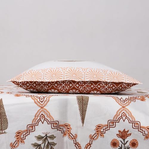 Image of Authentic Bagru Handmade 100% Cotton King Size Bedsheet, 220 TC Double Bed with 2 Pillow Covers. The bedsheet Measures 108 X 108 inches Orange