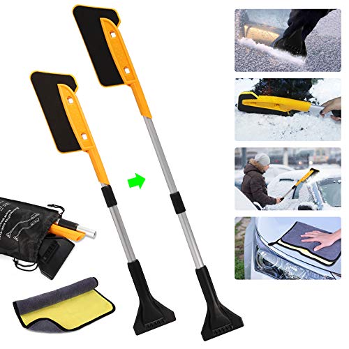 FREESOO Raspador de Nieve 2 en 1 Limpiador de Ventanas Mango Telescópico Cepillo Escoba Pala de Nieve Herramienta Asistente de Limpieza de Parabrisas para Coche con Toalla y Bolsa de Almacenamiento