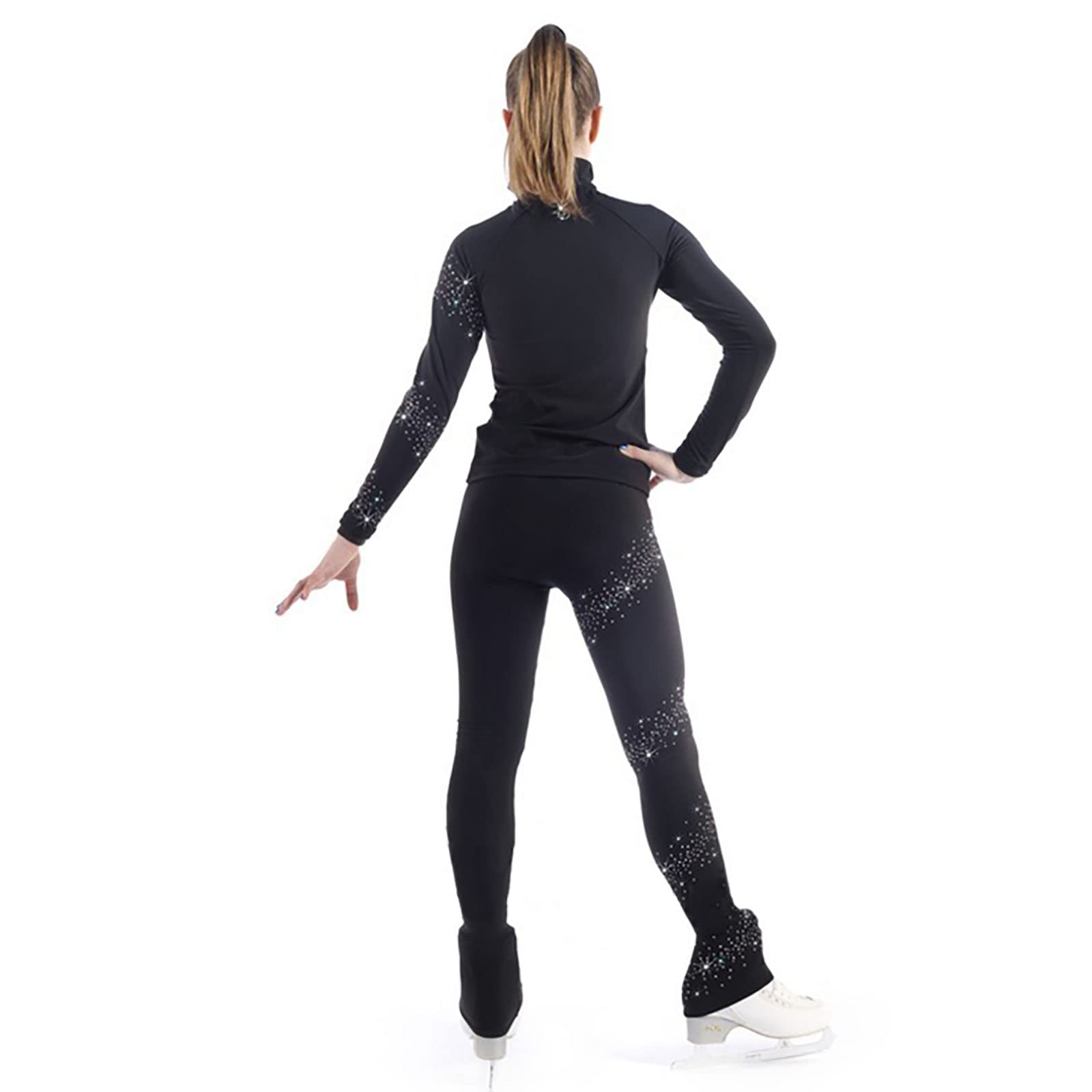 Songyi Tute da Pattinaggio Ghiaccio Donna Ragazze Giacca da Pattinaggio Artistico con Pantaloni Pantaloni da Allenamento con Strass(Size:l,Color:Nero)