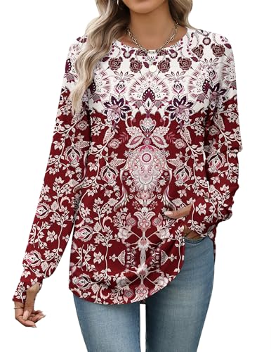 Zeagoo Womens Tunics Long Sleeve Graphic Tshirts Bohemian Clothing for Older Women Red Print