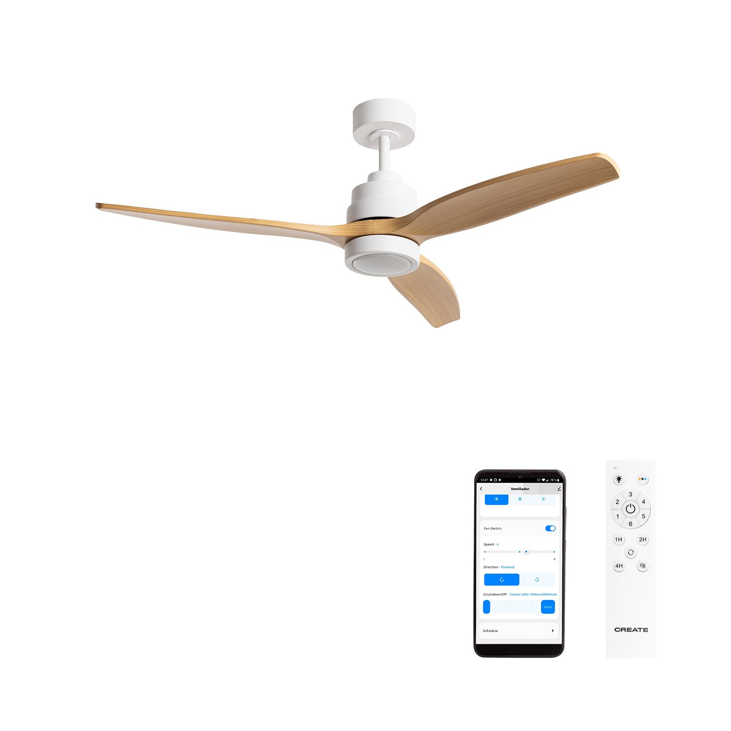 CREATE / WINDSTYLANCE M/Ventilateur de plafond en ABS avec éclairage blanc, pales effet bois naturel, Wi-Fi et télécommande / 40 W, silencieux, Ø 132 cm, 6 vitesses, mode été-hiver, double hauteur