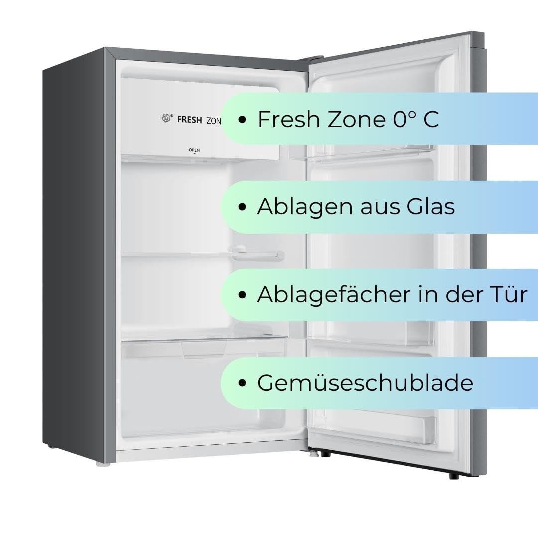 YUNA Kühlschrank SEREBRO E 94L Vollraumkühlschrank 84 cm 86 kWh/Jahr Türanschlag wechselbar 36 dB Silbern