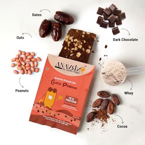 Image of ANAVRIN Choco Peanut Protein Bar - 15g Protein, 2.5g Fibre in each Bar (6 Bars x 50gm) No Added Sugar, No Soy, No Preservatives Gluten Free High Protein Energy Bar, Healthy & Tasty Everyday Snack