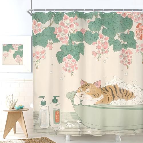 SVBright Japanese Cat Shower Curtain 60Wx72L Inch Kid Anime Cute Animal Funny Pink Floral Green Leaf Vintage Cartoon Kitten in Bathtub 12 Pack Hooks Polyester Waterproof Fabric Bathroom Bathtub Panels