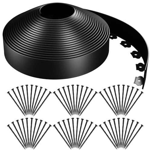 AGTEK 98FT Plastic Landscape Edging Kit 3inch Height No-Dig Garden Edging Border Lawn Edging Roll for Flower Bed Lawn Yard, Black, with 60 Anchoring Spikes