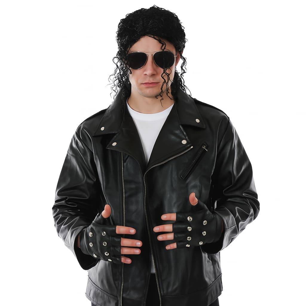 Skórzana kurtka King of Pop, kostium z okularami, peruką i rękawiczkami z ćwiekami, ikona lat 80., fantazyjny strój dla dorosłych, strój na Halloween, kostium Cosplay, kostium Bad Tribute Act, rozmiar