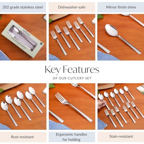 Image of Nestasia Stainless Steel Cutlery Set of 12 (18cm Each) - Dishwasher Safe & Rust Resistant Spoon & Fork Set - Embossed Cutlery Set for Dining Table, Kitchen & Gifting