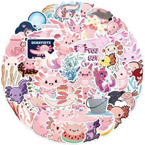 Cute Axolotl Pink Water Animals Stickers 50PCS Kawaii Salamander Funimost Reward Sticker Vinyl Waterproof Aesthetic Stickers for Water Bottle Laptop Phone Scrapbook Party Supplies (Colours-E3)